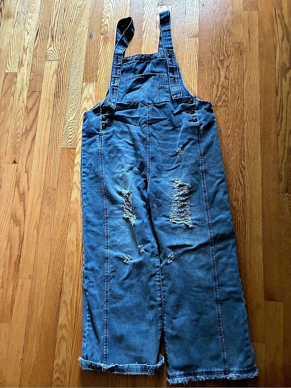 Distressed Wide-Leg Denim Overalls in Blue